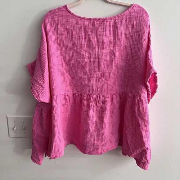 First Love Hot Pink Gauze Peplum Blouse 2X Relaxed Fit Top 100% Cotton Lagenlook - Picture 6 of 8